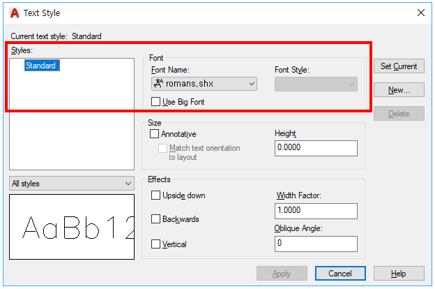 AutoCAD Text Style dialog